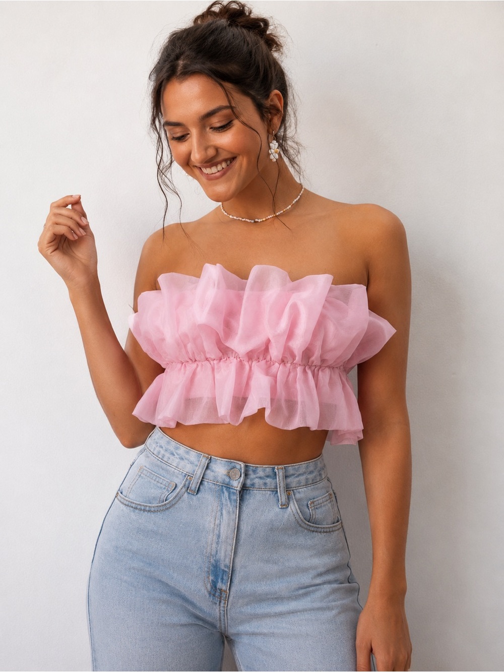Hot & Delicious Pink Ruffle Strapless Crop Top